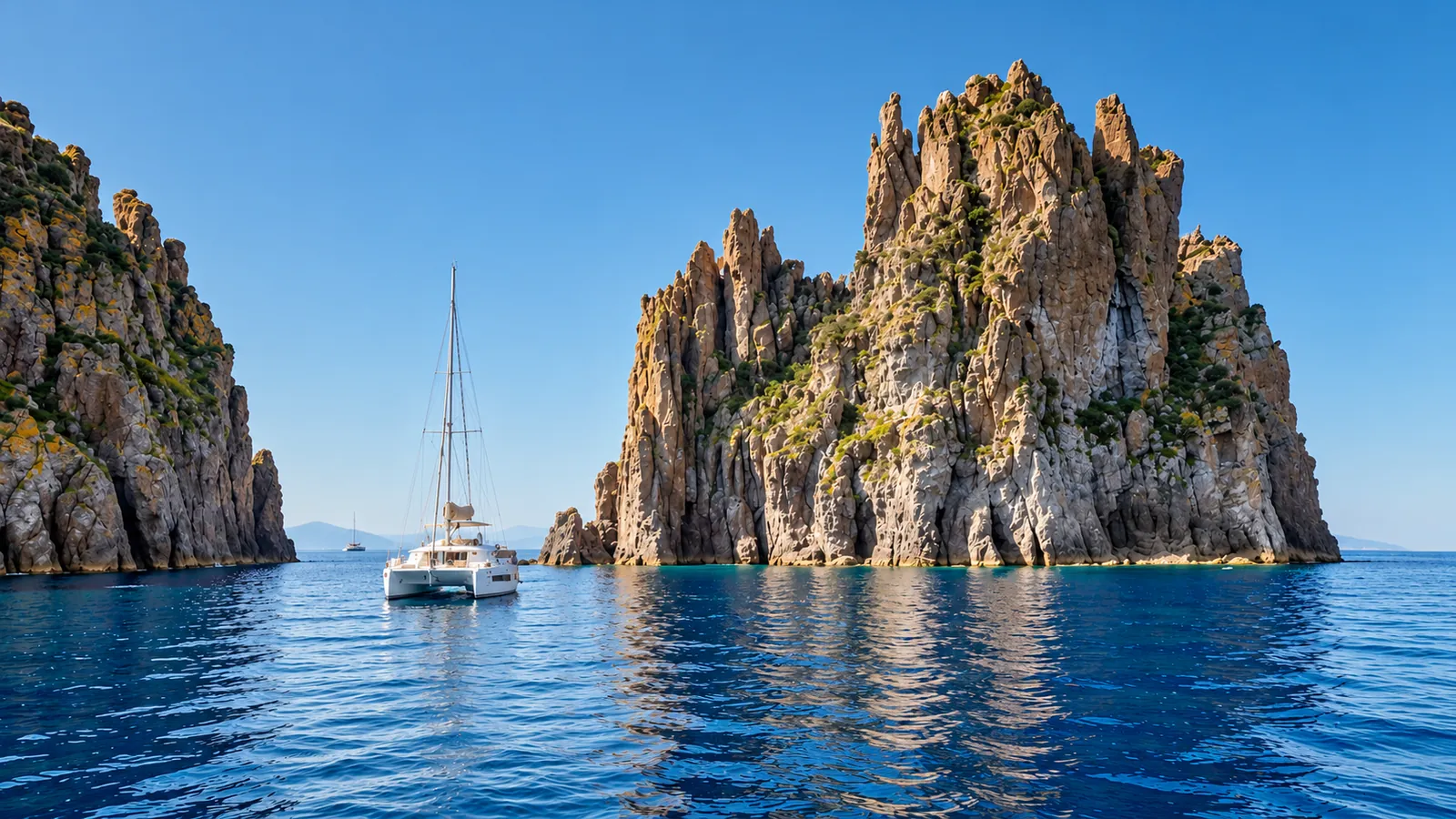 Baia mediterranea tra scogli e barche a vela