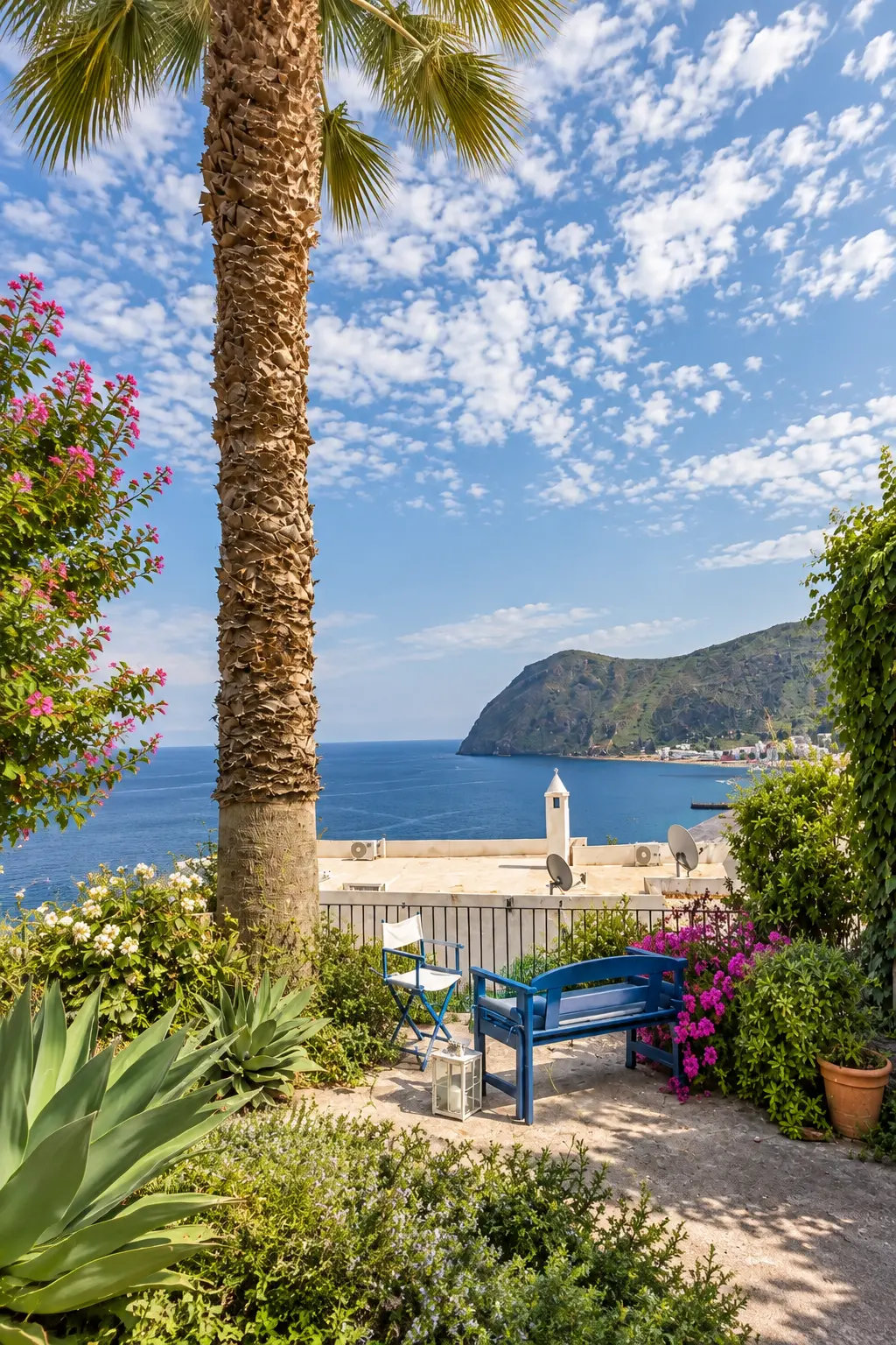 Il giardino con la palma, la panca blu e la baia di Canneto