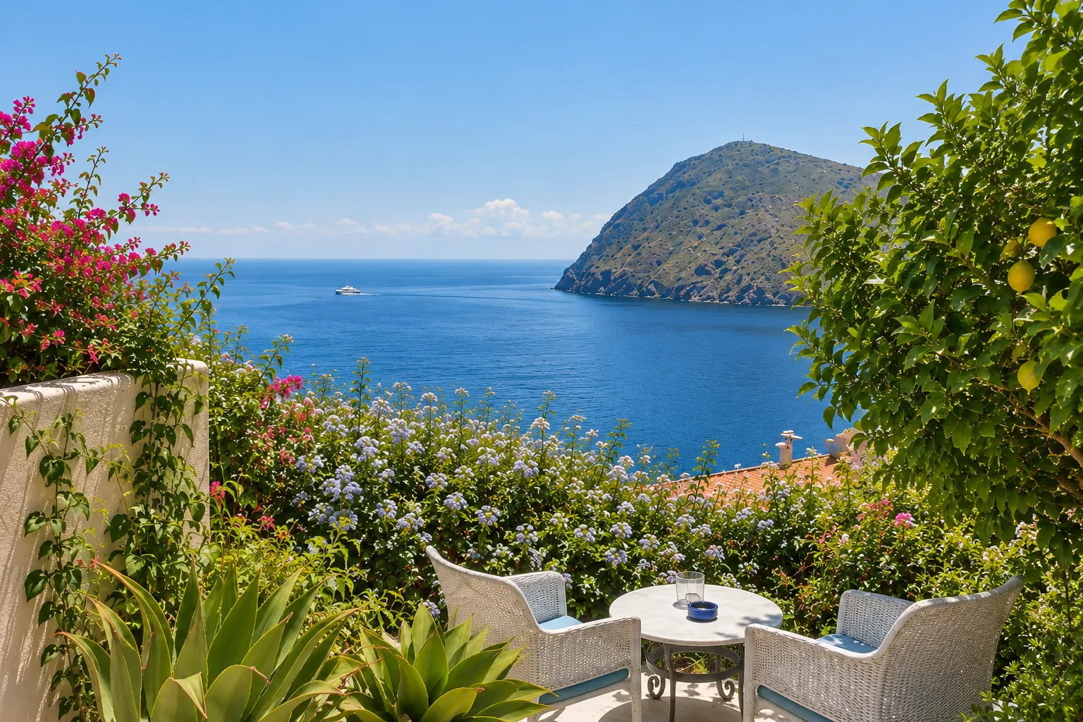 Angolo di giardino mediterraneo con poltrone bianche affacciate sul mare
