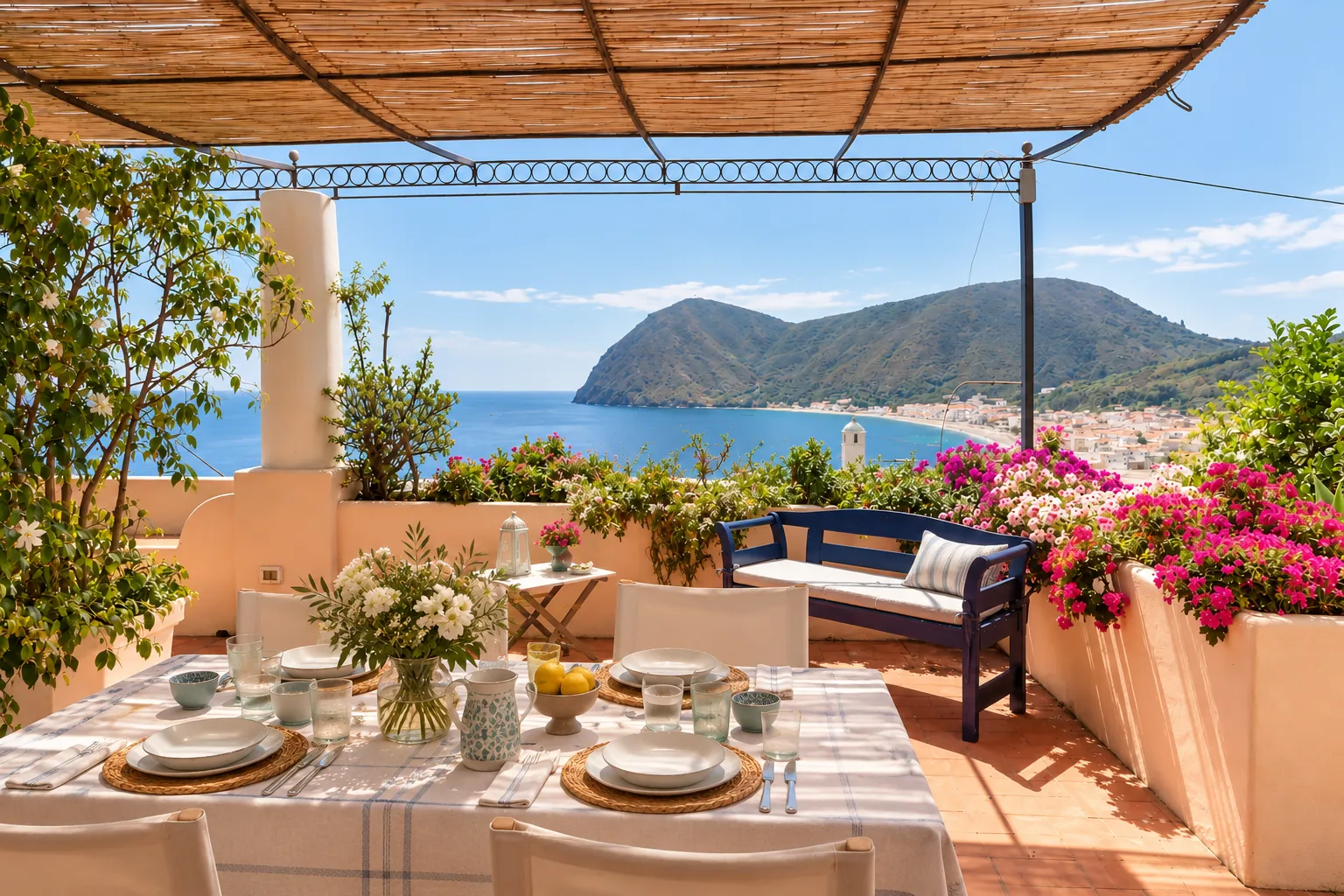 Il tavolo in terrazza con vista sul mare e sul promontorio