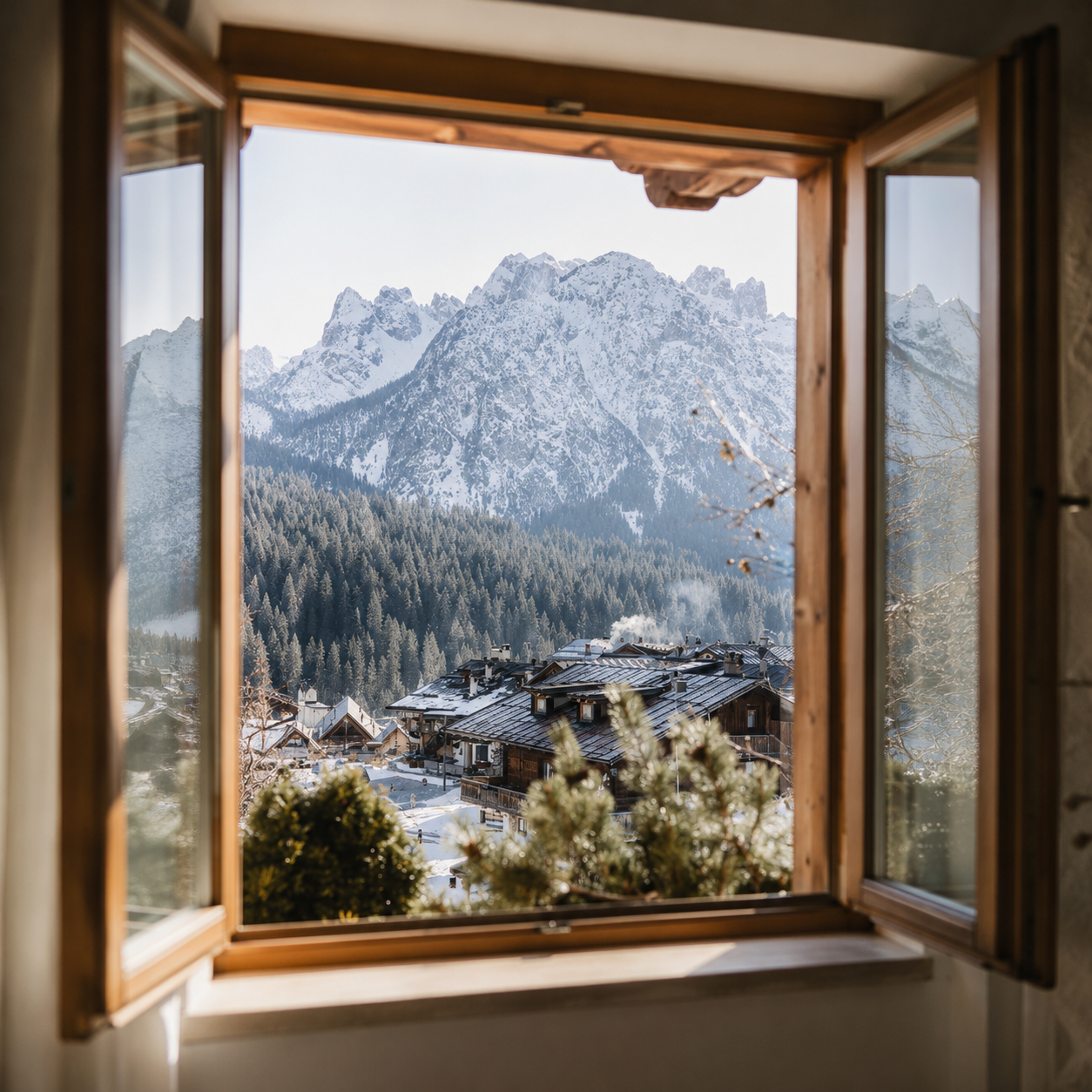 Vista dalla finestra aperta sul paesino e le montagne