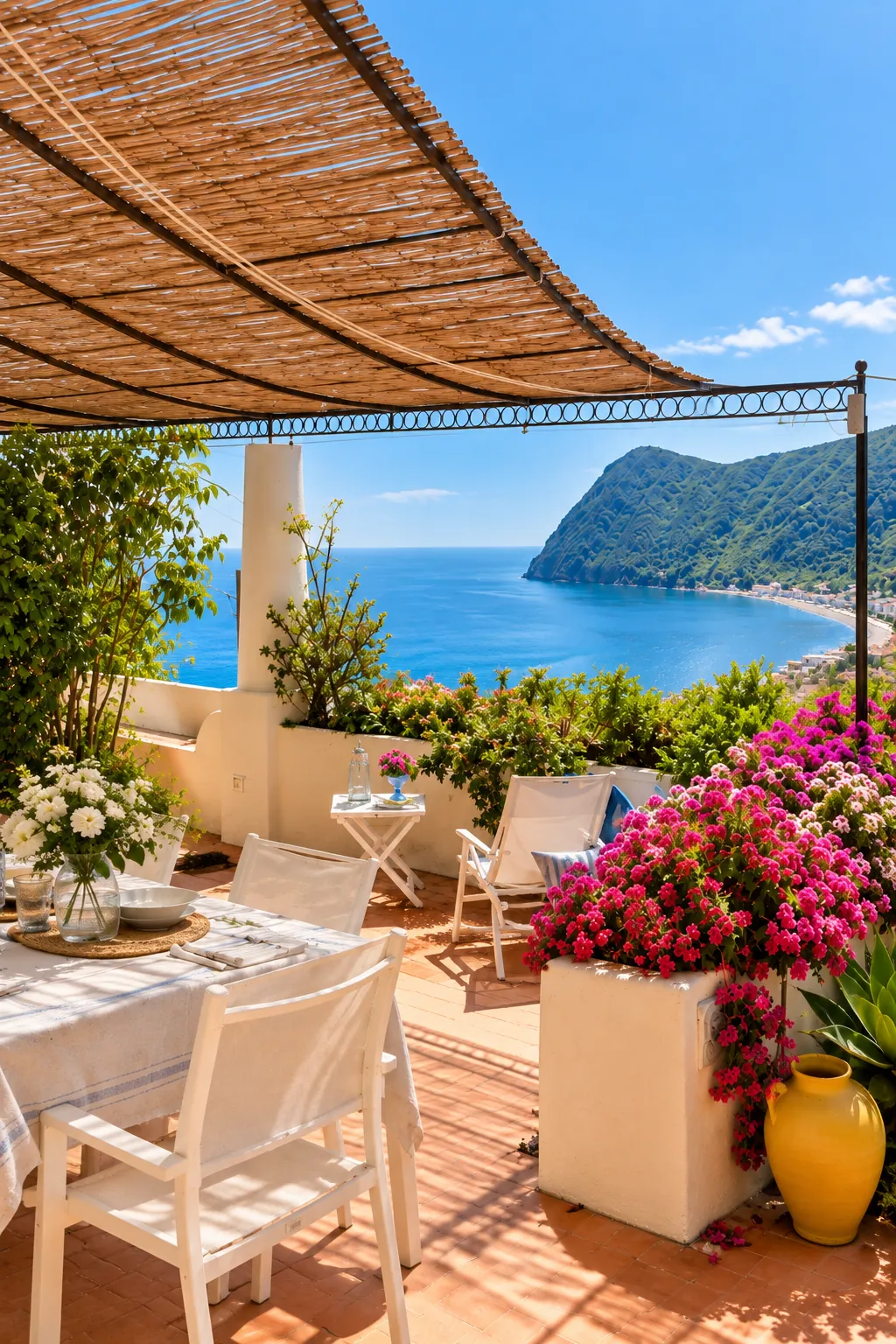 La terrazza coperta da incannucciato affacciata sulla baia