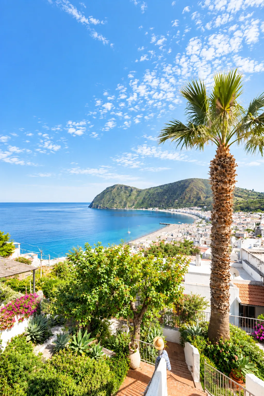 Il giardino con la palma affacciato sulla baia di Canneto