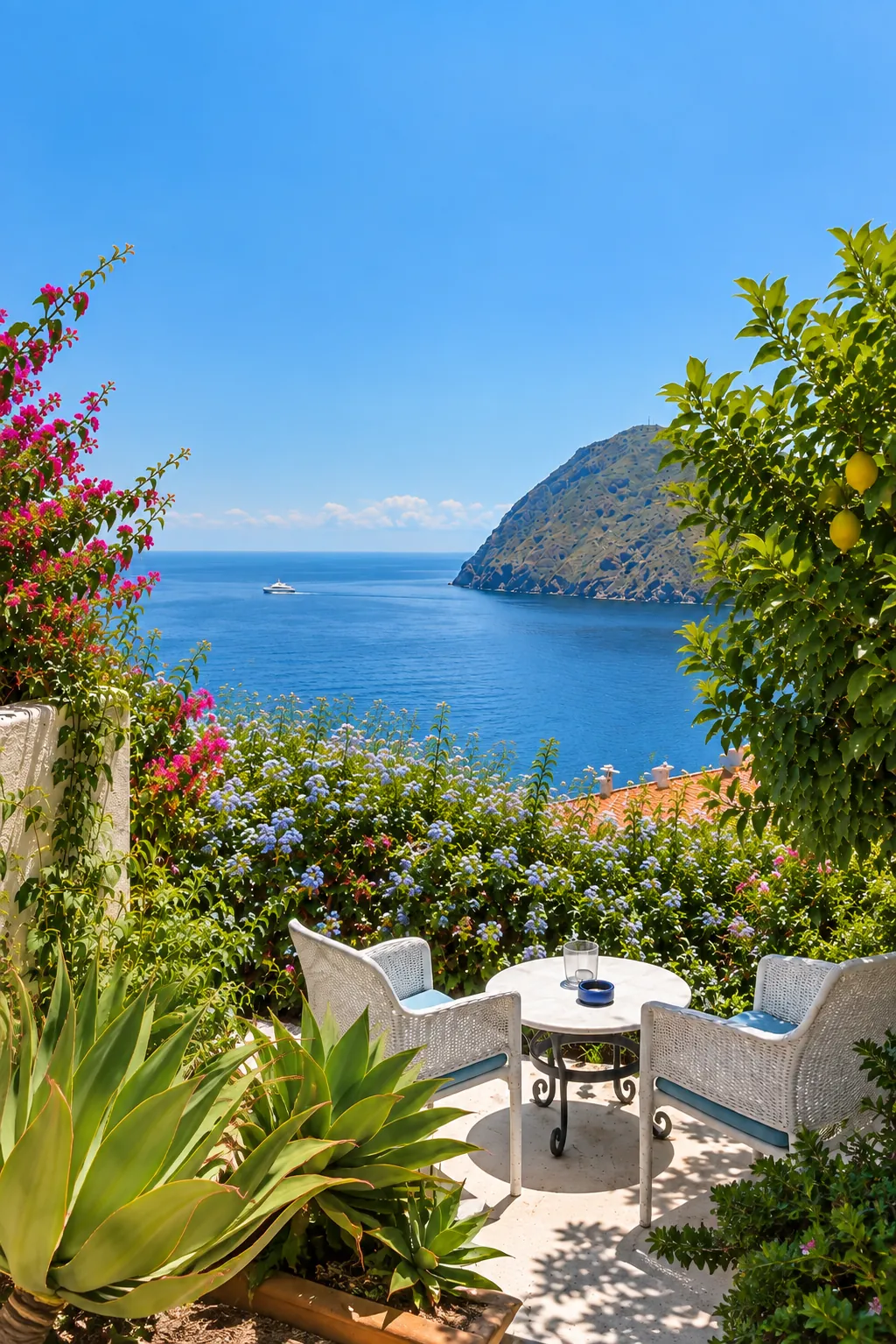 Poltroncine e tavolino tra i fiori, affacciati sulla baia