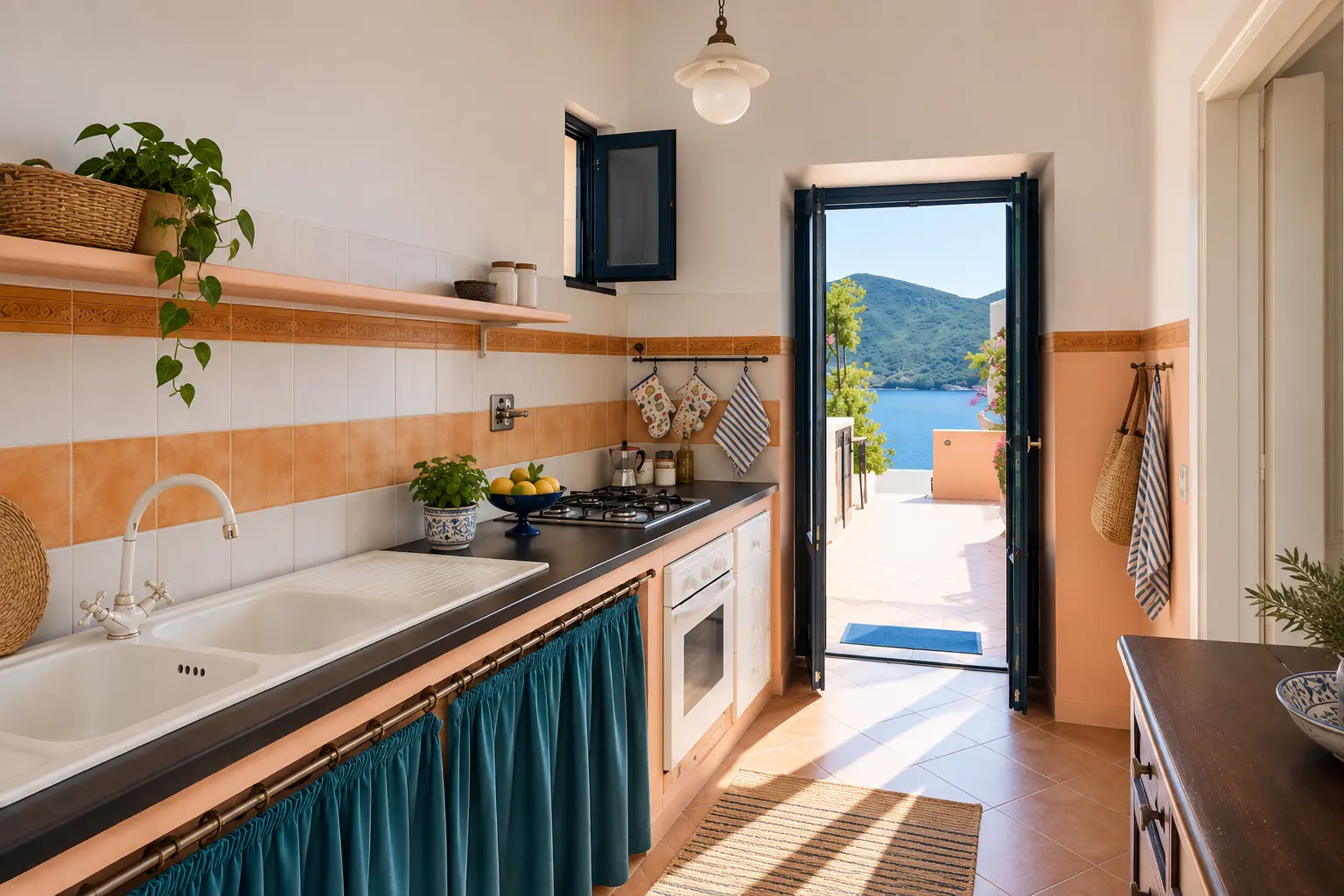 La cucina con la porta aperta sulla terrazza e il mare