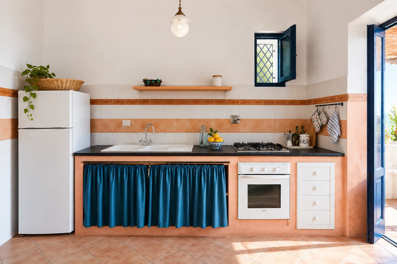 La cucina con dettagli azzurri e maioliche