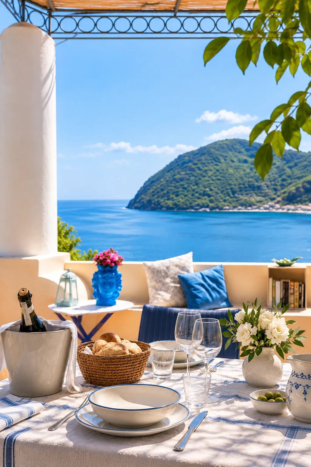 La tavola apparecchiata in terrazza con vista sulla baia