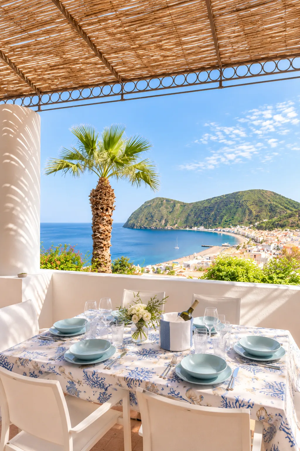 La tavola in terrazza sotto l’incannucciato, con la palma e il mare